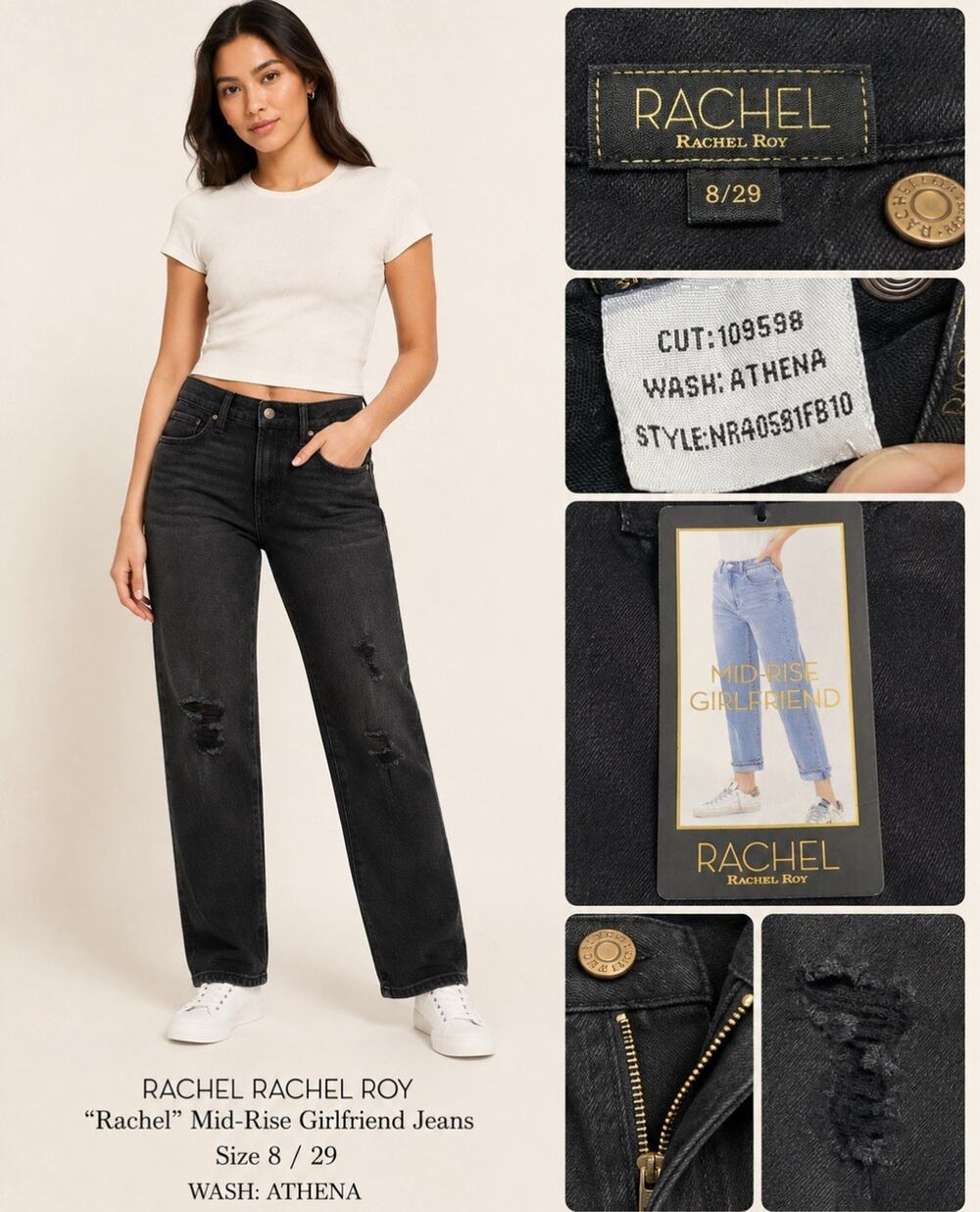 NWT Grunge Rachel Roy Women's Mid-Rise Girlfriend Jeans Sz 8/29 Black Distressed